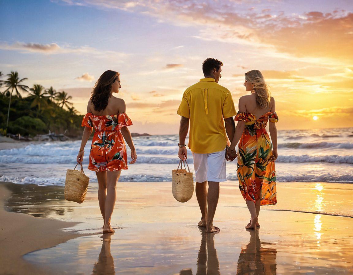 A picturesque beach scene featuring a couple walking hand-in-hand along the shoreline, dressed in stylish beach attire, surrounded by vibrant tropical flora. The sun sets in the background, casting warm golden hues over the sandy beach. A nearby beach bag filled with trendy accessories and a pair of flip-flops enhances the romantic getaway vibe. super-realistic. vibrant colors. soft focus.